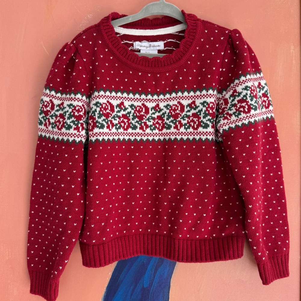 Tommy Bahama Girls Size 6 Fair Isle Crew Neck Sweater Red Cotton Blend Floral